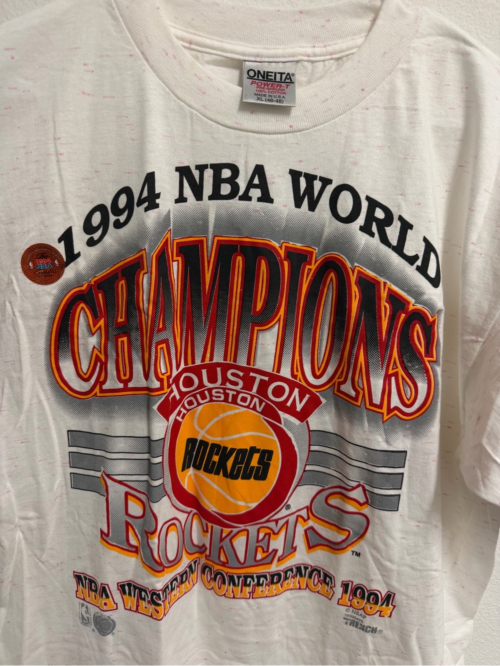 NBA Houston Rockets 1994 Champions White Tee with Red, Orange and Black Graphics